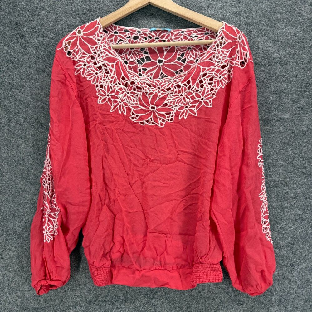 Leifnotes Blouse Women 2 Pink Floral Long Sleeve Round Neck Lined Casual Viscose